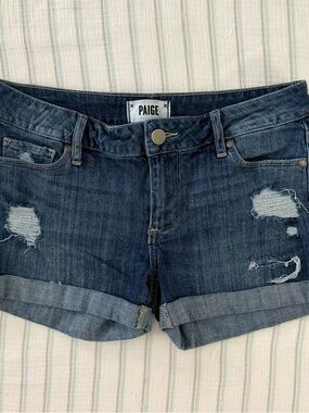 PAIGE 2/25 Jean Shorts Blue Denim Womens Rolled-Hem Shorty Mid Rise Y2K